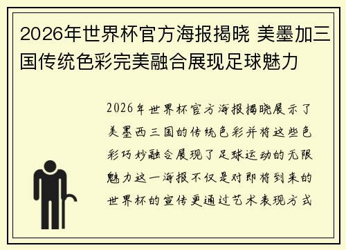 2026年世界杯官方海报揭晓 美墨加三国传统色彩完美融合展现足球魅力 2026年世界杯官方海报揭晓 美墨加三国传统色彩完美融合展现足球魅力