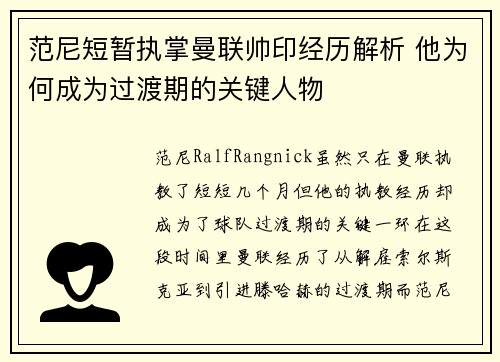 范尼短暂执掌曼联帅印经历解析 他为何成为过渡期的关键人物 范尼短暂执掌曼联帅印经历解析 他为何成为过渡期的关键人物